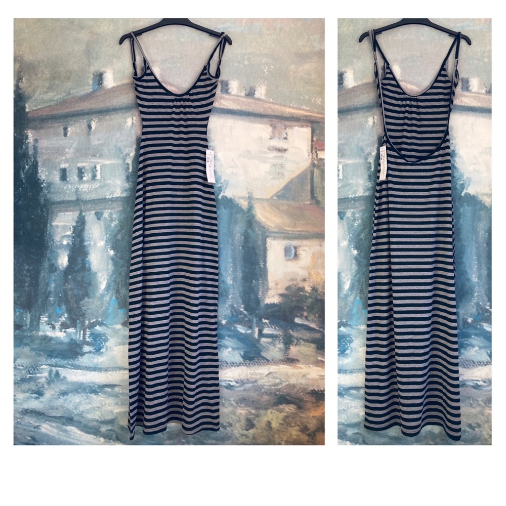 MAGAZINE Striped Black and Gray Backless Maxi Dress Size Small